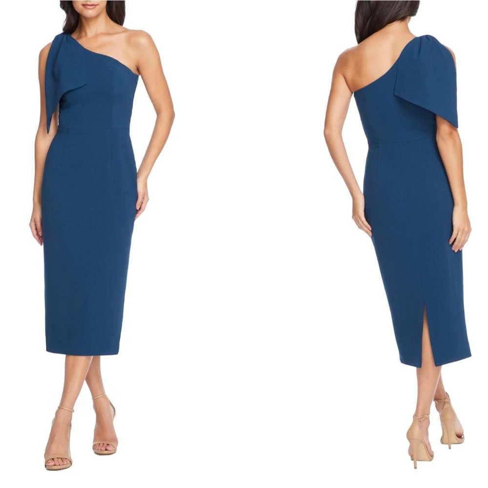 DRESS THE POPULATION Tiffany One-Shoulder Midi Dress in Peacock Blue X-Small